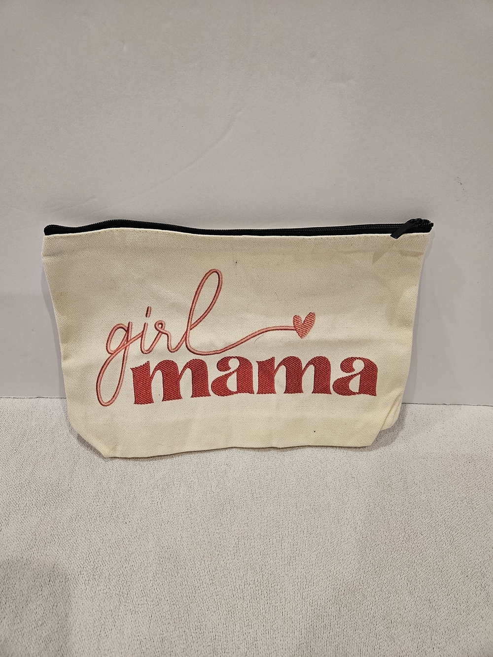 Canvas 'girl mama' Zip Pouch - Cream with Red Print Cosmetic Pouch Clutch